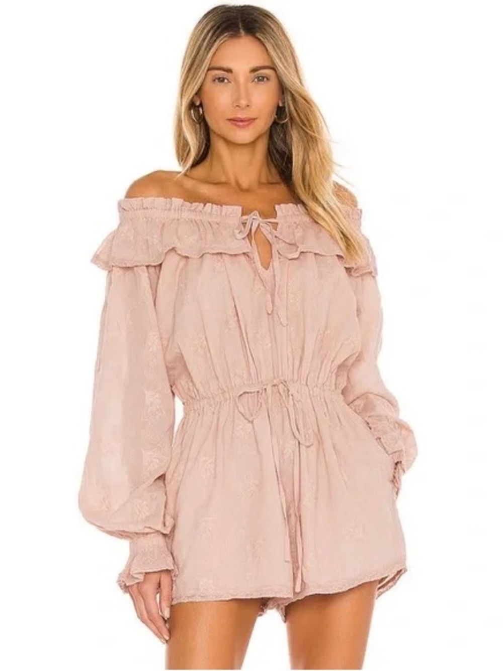 Tularosa Kai Romper Medium Pink Off The Shoulder Long Sleeve Blush Revolve
